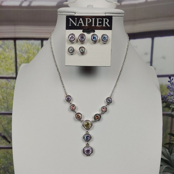 NEW NAPIER SILVER TONE MULTI-COLOR CRYSTAL Y DROP NECKLACE AND EARRING SET - Picture 1 of 9